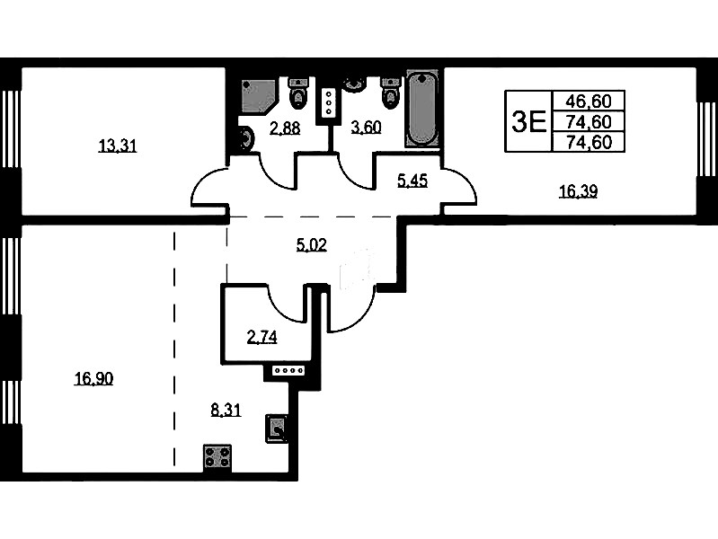 2-комнатная квартира 74.6 м², 9/9 эт., ЖК «Квартал Лаголово»